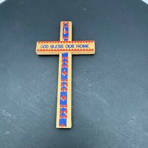 Vintage Holy Rosary Mission Pine Ridge SD Wooden Cross God Bless Our Home 5in